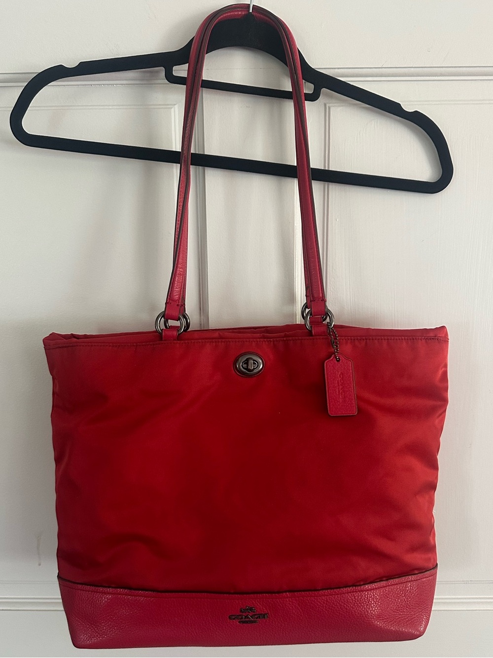 Coach Red Nylon Tote with Leather Base and Straps 11x17 like new summer